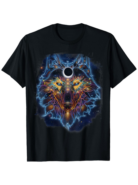 Men's Graphic T-Shirt Electric Blue Aura With Luminous Abstract Patterns Surrounding Majestic Wolf