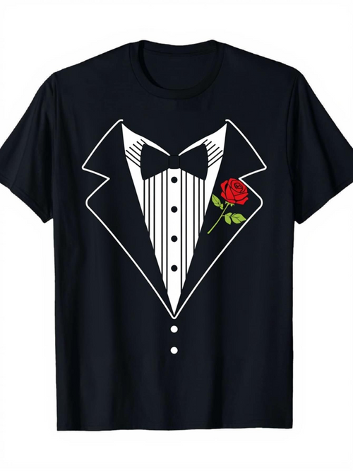 Men's Graphic T-Shirt Classic Black Tie Tuxedo With Bowtie And Red Rose Durably Printed Shirt