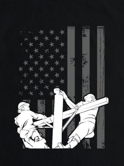 Men's Graphic T-Shirt Working Linemen Against Faded American Flag Background