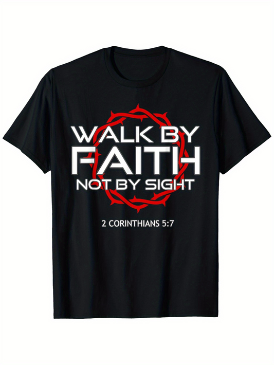 Men's Graphic T-Shirt Walk By Faith With Red Crown Of Thorns And Bible Verse