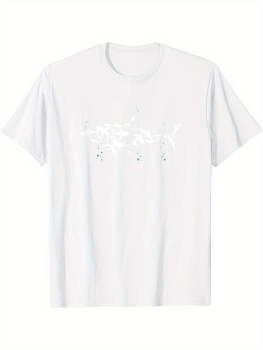 Men's Graphic T-Shirt Minimal White T Shirt With Abstract Lines Subtle Shark Motif