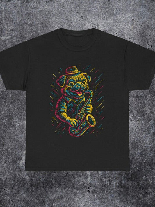 Men's Graphic T-Shirt Colorful Lights With Playful Hat Jazz Playing Musician Dog