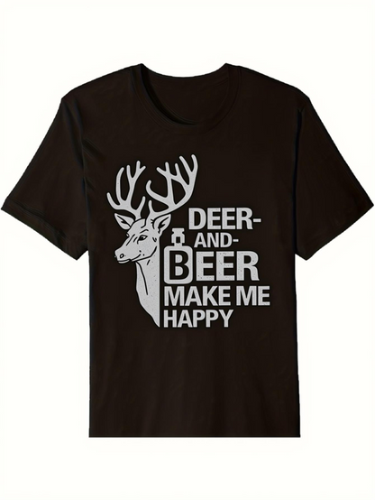 Men's Graphic T-Shirt Deer And Beer Make Me Happy With Bold Typography Beside A Majestic Deer