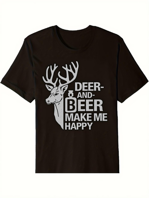 Men's Graphic T-Shirt Deer And Beer Make Me Happy With Bold Typography Beside A Majestic Deer