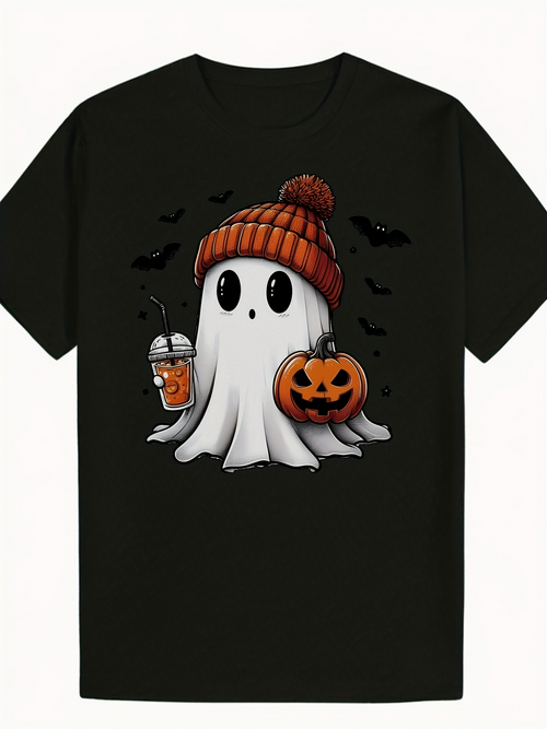Men's Graphic T-Shirt Autumn Pumpkin Latte With Friendly Halloween Ghost