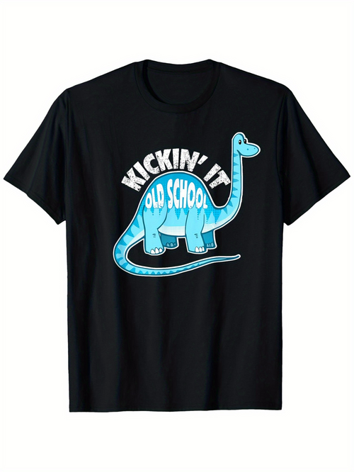 Men's Graphic T-Shirt Kickin It Old School With Blue Cartoon Dinosaur