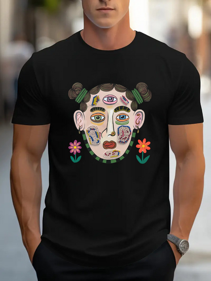 Men's Graphic T-Shirt Colorful Flower Accents With Surreal Patterned Artistic Portrait Face