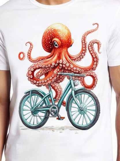 Men's Graphic T-Shirt Vivid Underwater Adventure Octopus Riding On A Classic Bicycle