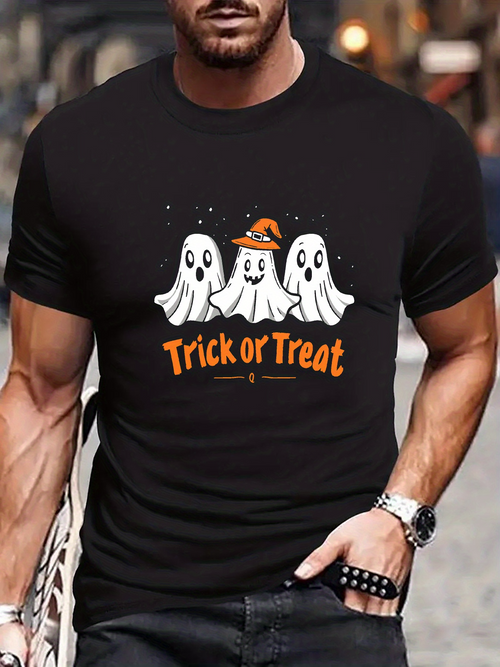 Men's Graphic T-Shirt Trick Or Treat Playful Ghosts With Orange Witch Hat Surrounded By Stars On Black Shirt