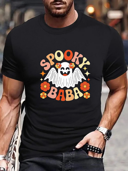 Men's Graphic T-Shirt Spooky Baba Smiling Ghost Surrounded By Retro Colorful Flowers