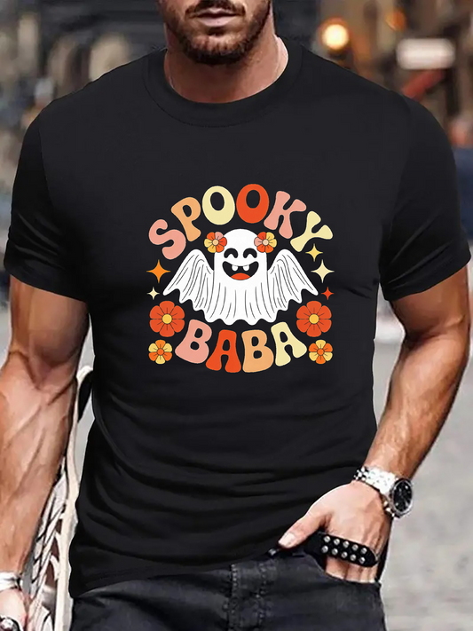Men's Graphic T-Shirt Spooky Baba Smiling Ghost Surrounded By Retro Colorful Flowers