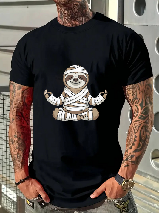 Men's Graphic T-Shirt Cartoon Wrapped Bandages Meditating Sloth Under Calm Peaceful Sky