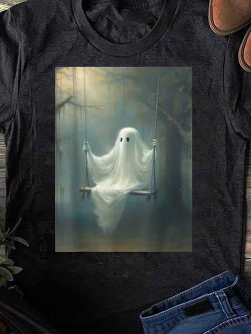 Men's Graphic T-Shirt Misty Forest Swing With Ethereal Ghost Under Faded Moonlight Atmosphere