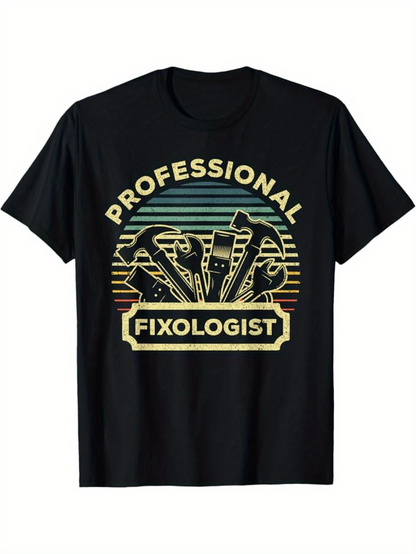 Men's Graphic T-Shirt Professional Fixologist Retro Colorful Tools And Striped Sunset Skyline