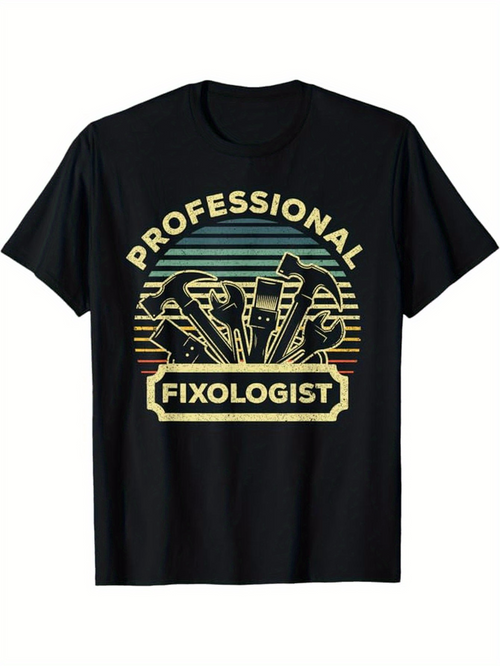 Men's Graphic T-Shirt Professional Fixologist Retro Colorful Tools And Striped Sunset Skyline