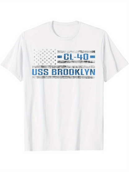Men's Graphic T-Shirt Distressed American Flag With Blue Letters And Warship USS Brooklyn