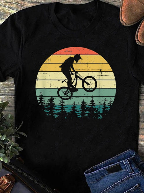 Men's Graphic T-Shirt Vintage Sunset With Pine Trees And Silhouette Rider On Bicycle
