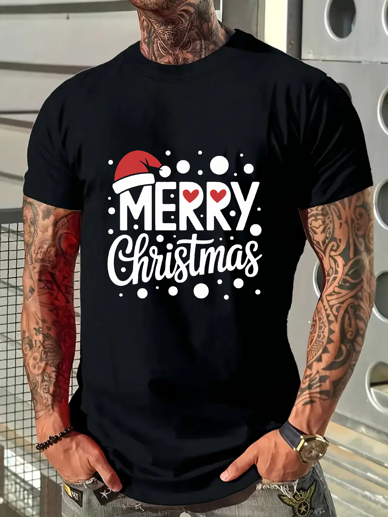 Men's Graphic T-Shirt Merry Christmas Festive Red Santa Hat With Falling Snow Dots Christmas