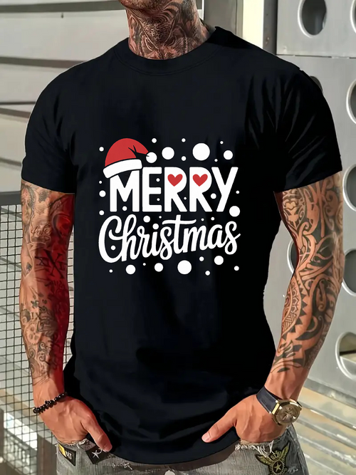 Men's Graphic T-Shirt Merry Christmas Festive Red Santa Hat With Falling Snow Dots Christmas