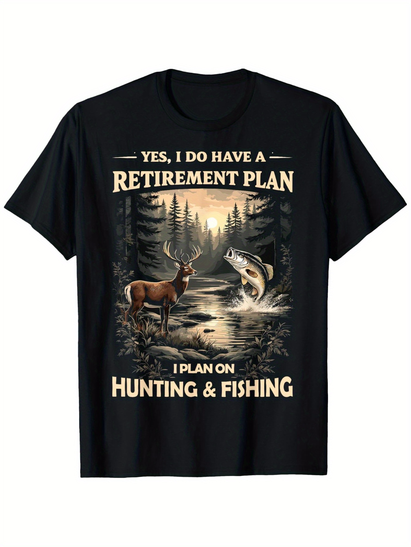 Men's Graphic T-Shirt Retirement Plan Under Forest Sunlight With Deer Fish And River Scene