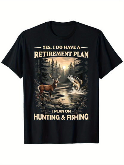 Men's Graphic T-Shirt Retirement Plan Under Forest Sunlight With Deer Fish And River Scene