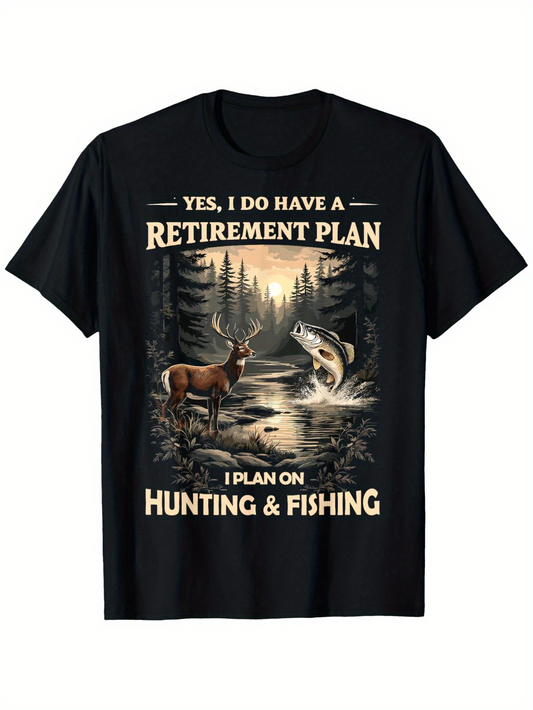 Men's Graphic T-Shirt Retirement Plan Under Forest Sunlight With Deer Fish And River Scene