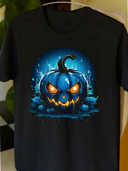 Men's Graphic T-Shirt Electric Blue Splash With Glowing Eyes Among Spooky Darkness Pumpkin
