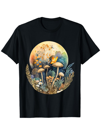 Men's Graphic T-Shirt Golden Moonlight With Botanical Ferns And Colorful Mushrooms Nature