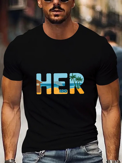 Men's Graphic T-Shirt Colorful Sunset Beach Scene With Palm Trees Framing Large Lettering HER