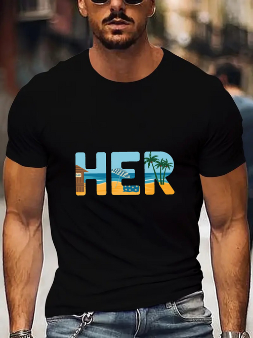 Men's Graphic T-Shirt Colorful Sunset Beach Scene With Palm Trees Framing Large Lettering HER