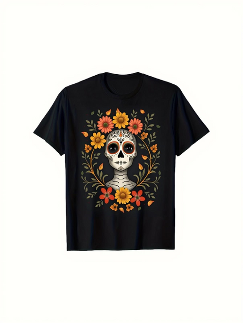 Men's Graphic T-Shirt Colorful Floral Patterns Surrounding Festive Day Of The Dead Skull