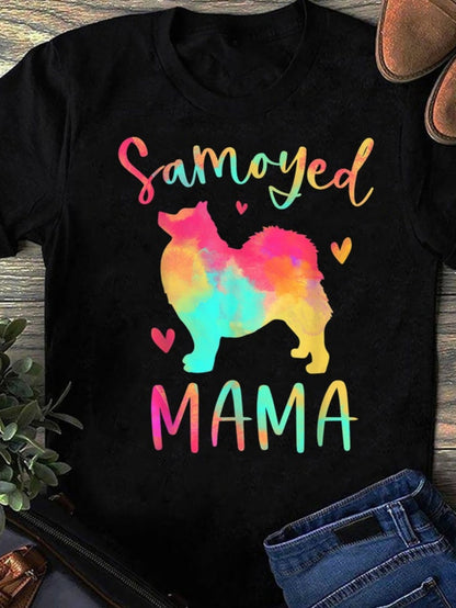 Women's Graphic T-Shirt Samoyed Mama Bright Rainbow Silhouette With Colorful Hearts And Playful Dog