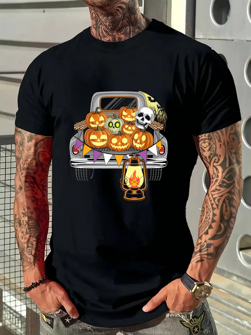 Men's Graphic T-Shirt Vintage Car With Halloween Pumpkins Lantern And Owl Display