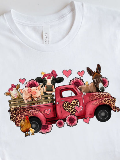 Men's Graphic T-Shirt Charming Pink Hearts With Farm Animals In Classic Pickup Truck