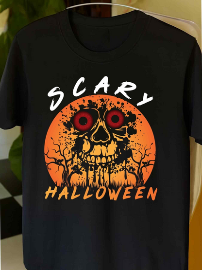 Men's Graphic T-Shirt Scary Halloween Blood Moon With Sinister Trees And Creepy Skull Face