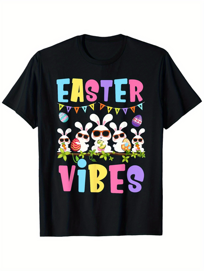 Men's Graphic T-Shirt Easter Vibes Colorful Bunny Ears With Sunglasses Eggs And Spring Flowers
