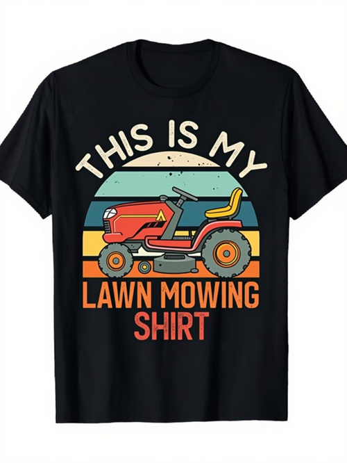 Men's Graphic T-Shirt This Is My Lawn Mowing Shirt Retro Sunset With Cartoon Style Mower