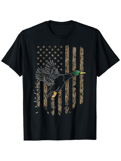 Men's Graphic T-Shirt Flying Mallard Duck Over Rustic American Flag Graphic
