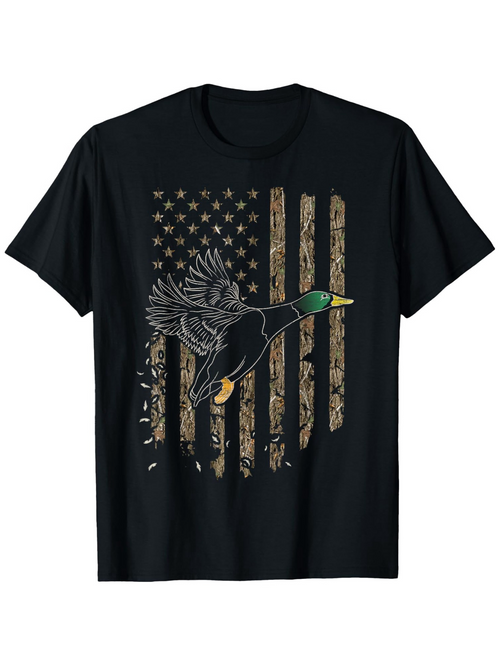 Men's Graphic T-Shirt Flying Mallard Duck Over Rustic American Flag Graphic