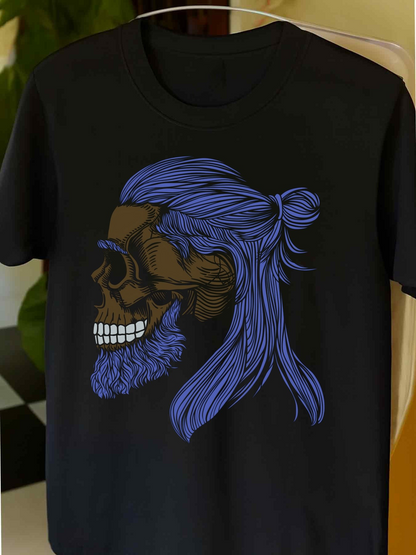 Men's Graphic T-Shirt Long Haired Skull With Flowing Blue Beard And Hair