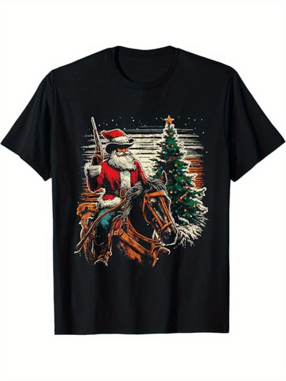 Men's Graphic T-Shirt Vintage Cowboy Santa On Horse With Festive Pine Tree Under Night Sky