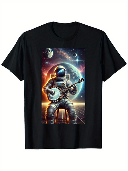 Men's Graphic T-Shirt Galactic Lights And Colorful Planets Behind Astronaut Playing Banjo
