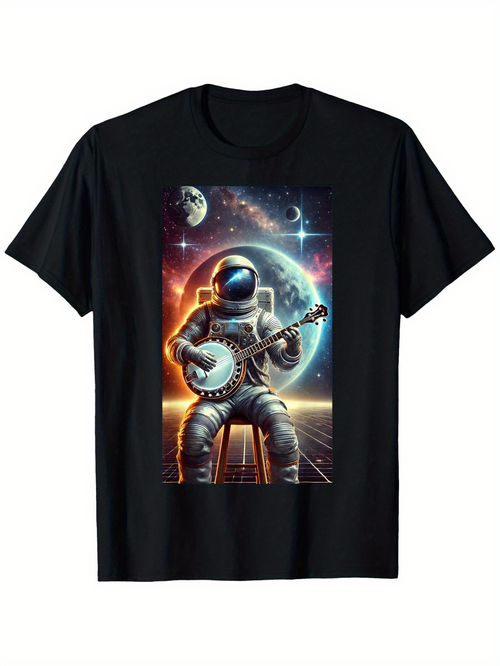 Men's Graphic T-Shirt Galactic Lights And Colorful Planets Behind Astronaut Playing Banjo