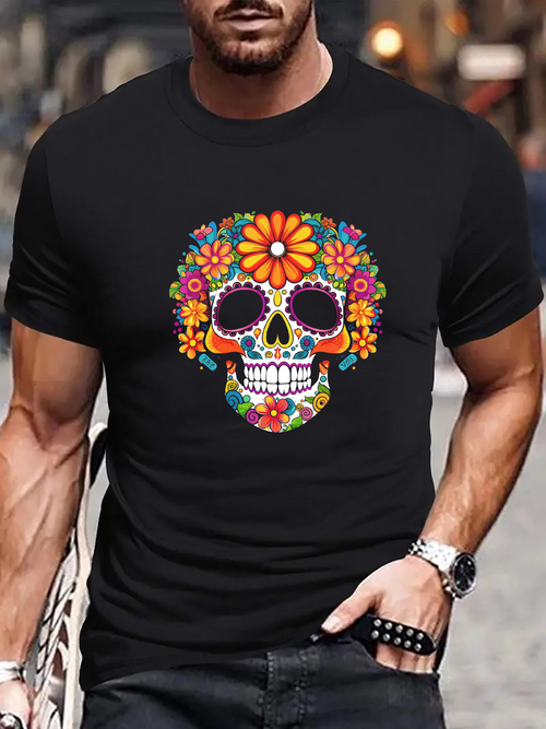 Men's Graphic T-Shirt Colorful Floral With Lively Patterns Adorned Festive Sugar Skull