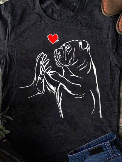 Women's Graphic T-Shirt Sketch Style Red Heart With Human Hand And Lovable Dog