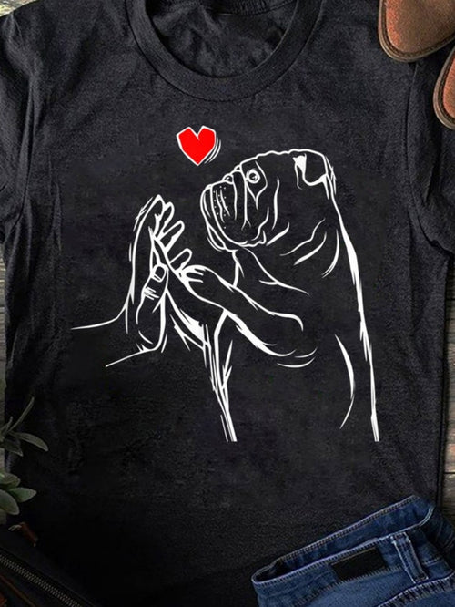 Women's Graphic T-Shirt Sketch Style Red Heart With Human Hand And Lovable Dog