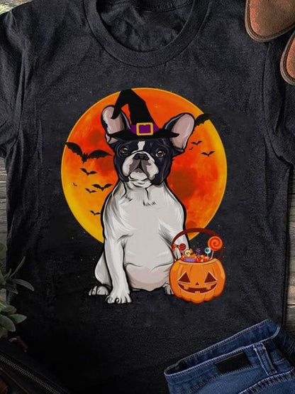 Men's Graphic T-Shirt Halloween Night With French Bulldog Witch Hat Pumpkin
