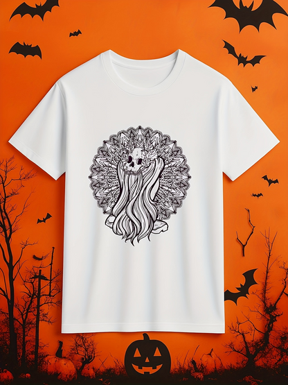 Men's Graphic T-Shirt Gothic Halloween Moonlit Night With Flowing Mysterious Hair Woman Skull