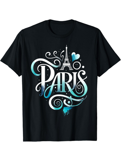 Men's Graphic T-Shirt Paris With Artistic Swirls And Blue Accents Eiffel Tower