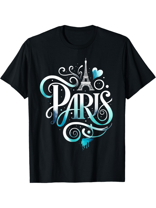 Men's Graphic T-Shirt Paris With Artistic Swirls And Blue Accents Eiffel Tower